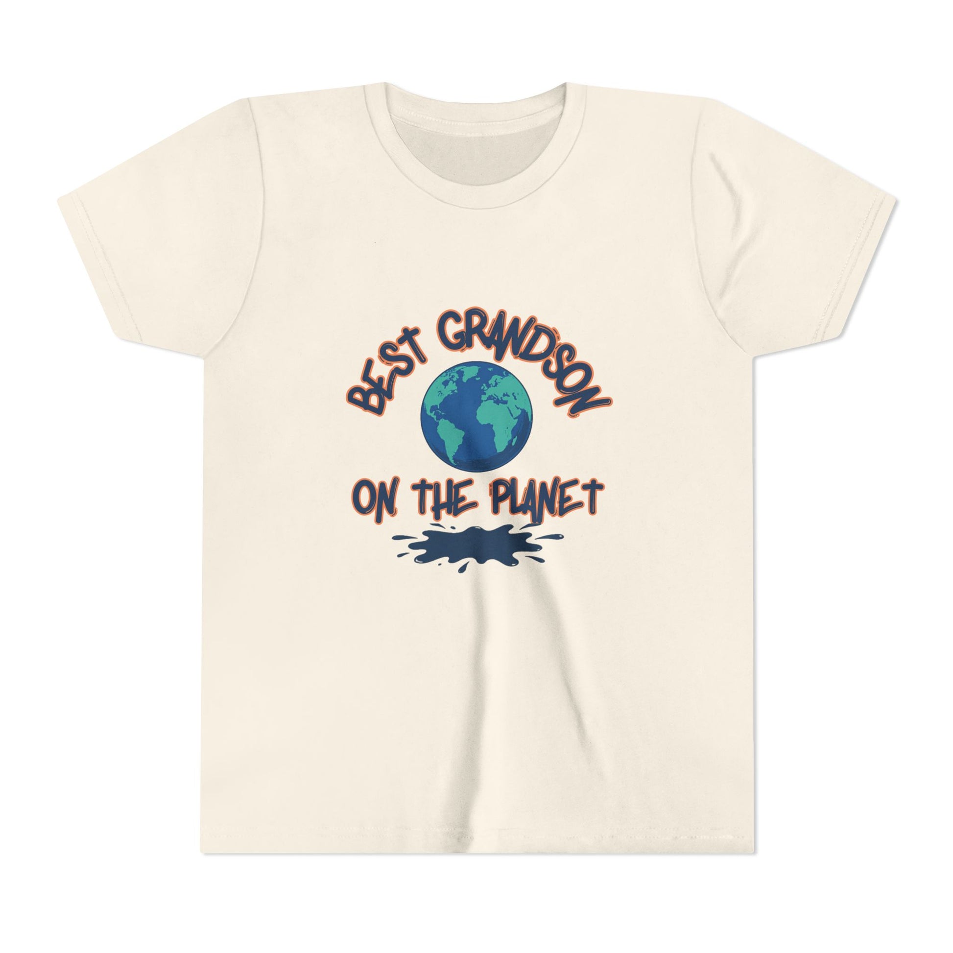 Beige t-shirt with 'Best Grandson on the Planet' text and globe graphic on a white background