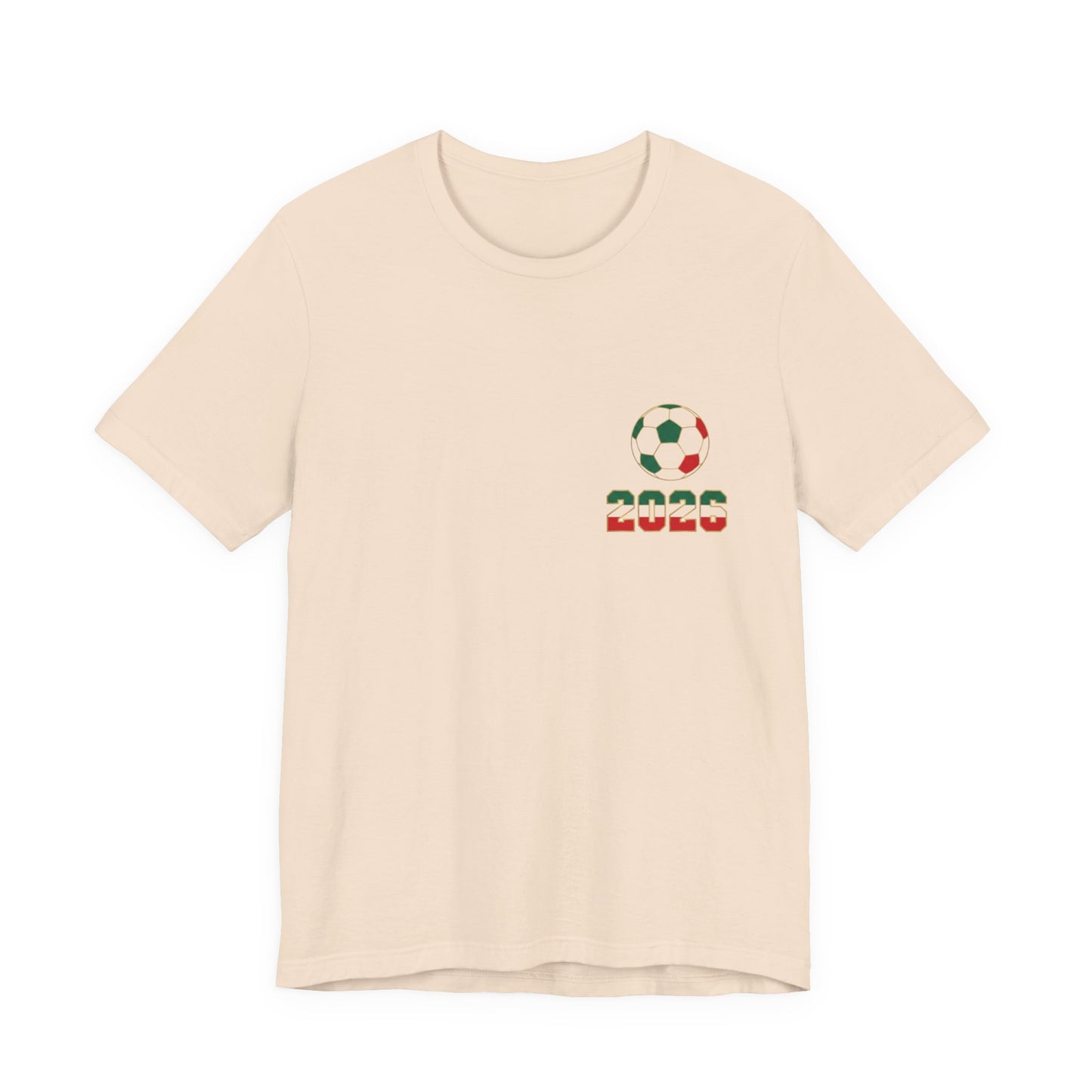 Soft cream El Tri soccer tee flat lay, front view with left chest logo
