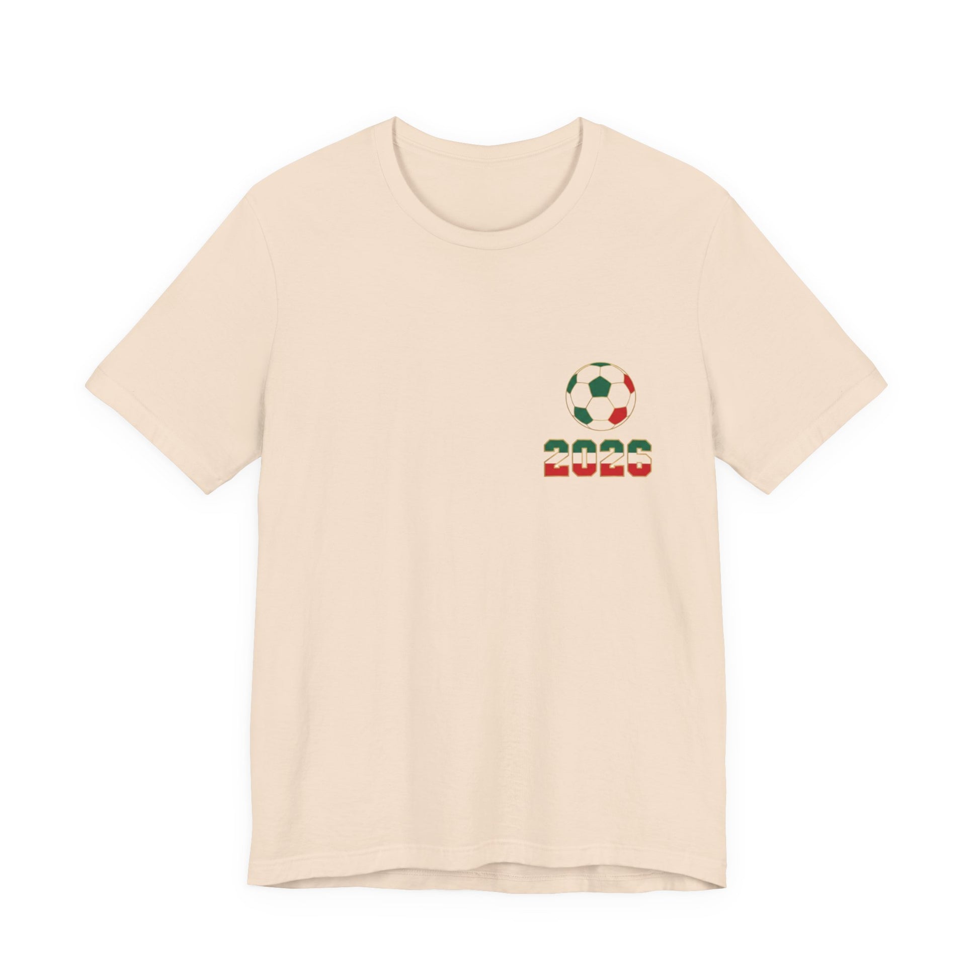 Soft cream El Tri soccer tee flat lay, front view with left chest logo
