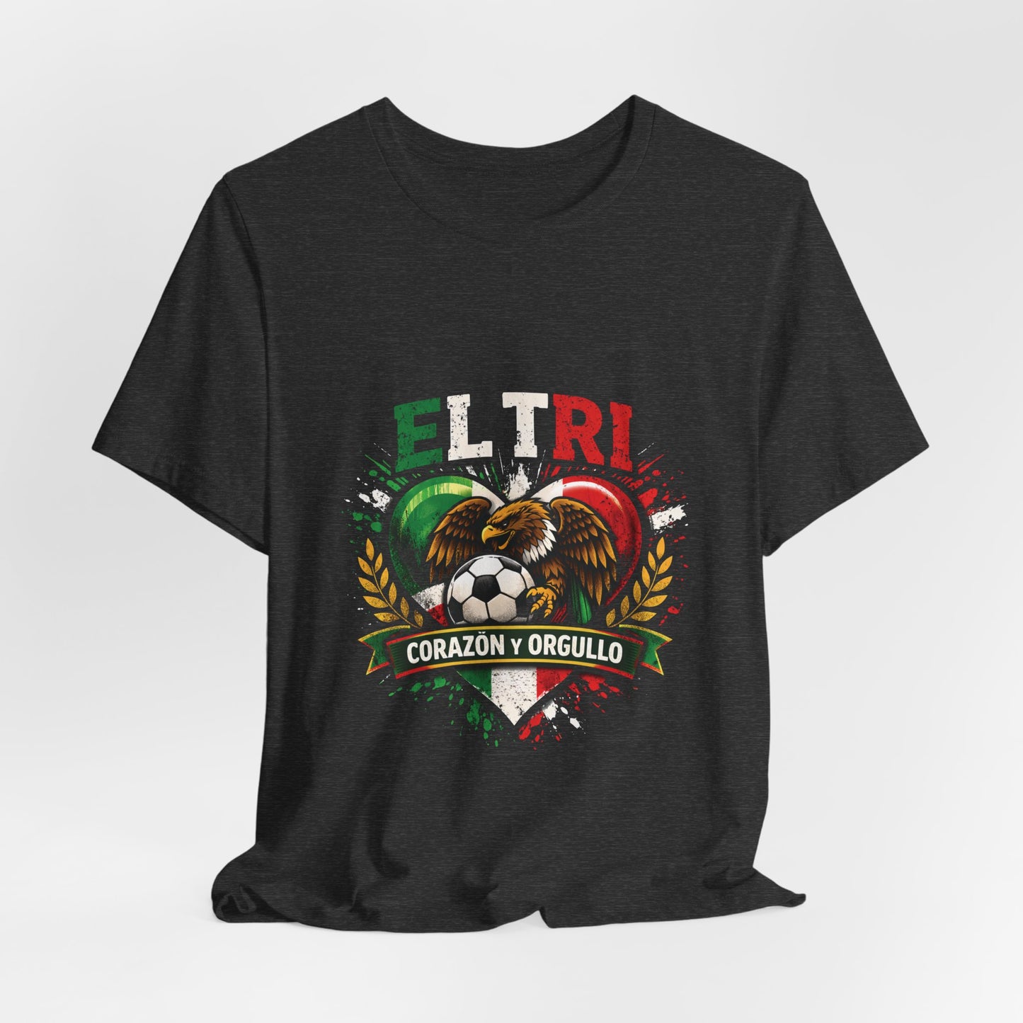 Black El Tri Corazón y Orgullo tee flat lay, alternate front view
