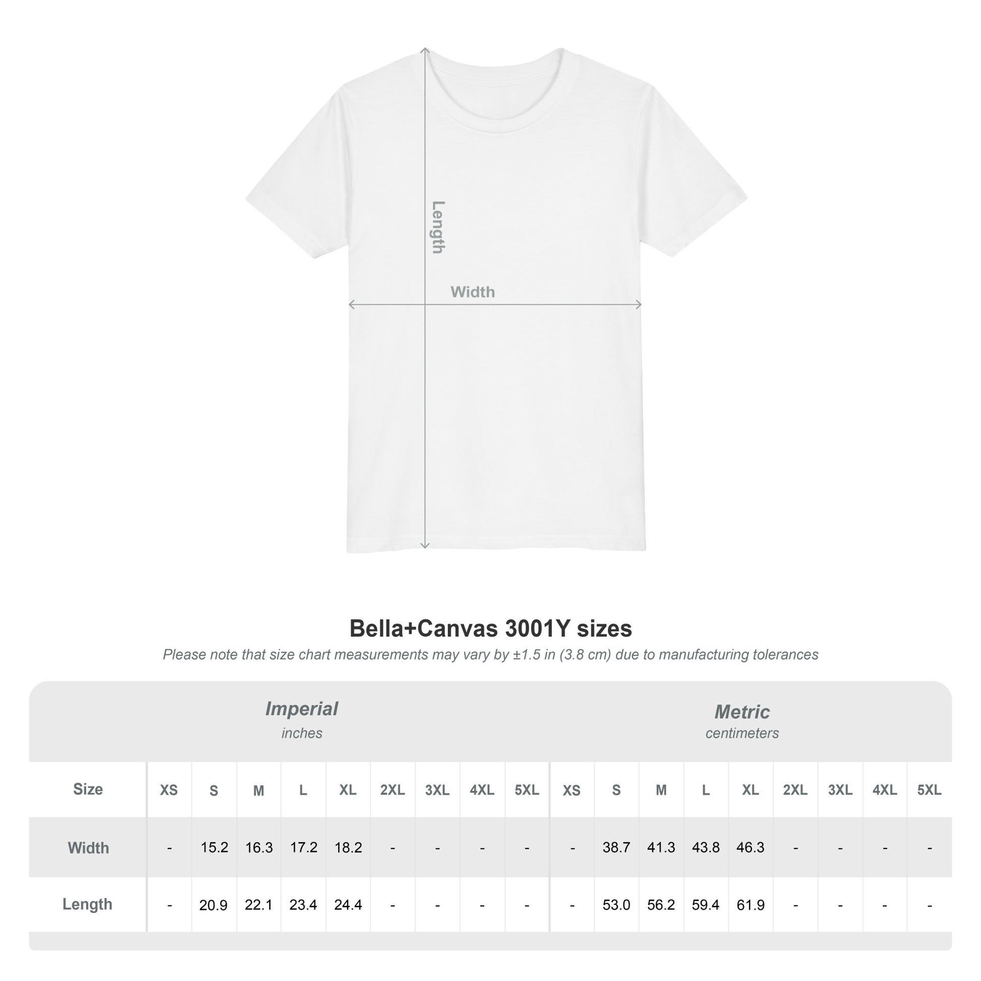 Size chart for Bella+Canvas 3001Y youth tee — sizes S through XL with width and length measurements in inches and centimeters