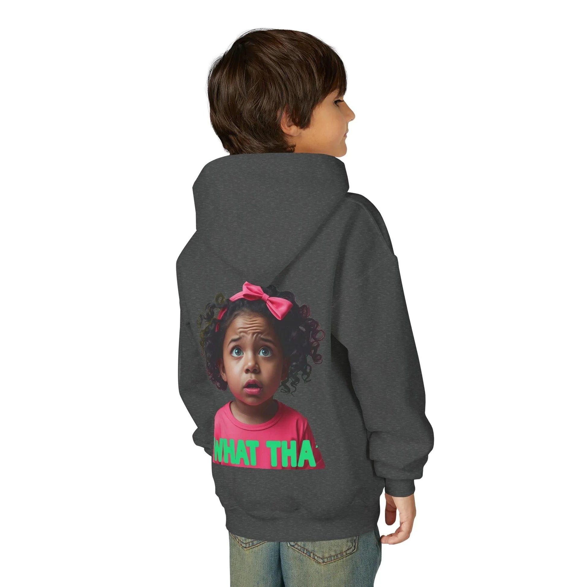 Youth Hoodie — "What Tha" Funny Kid Expression Graphic Pullover Printify