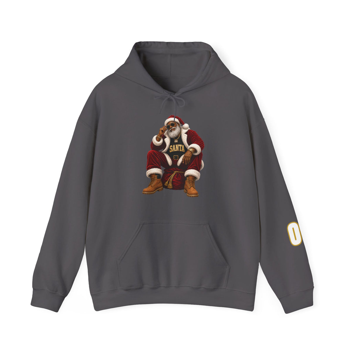 Dark gray pullover hoodie featuring a seated Santa graphic with OG Santa lettering.