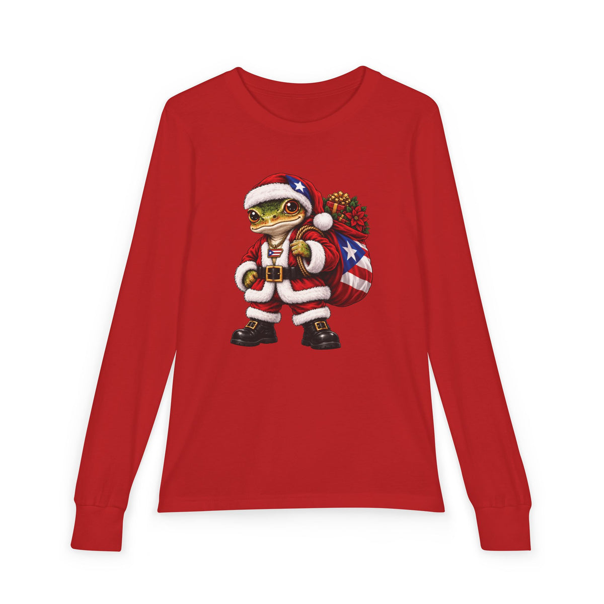 Front view of a red long-sleeve Christmas t-shirt with a Puerto Rican coquí graphic.