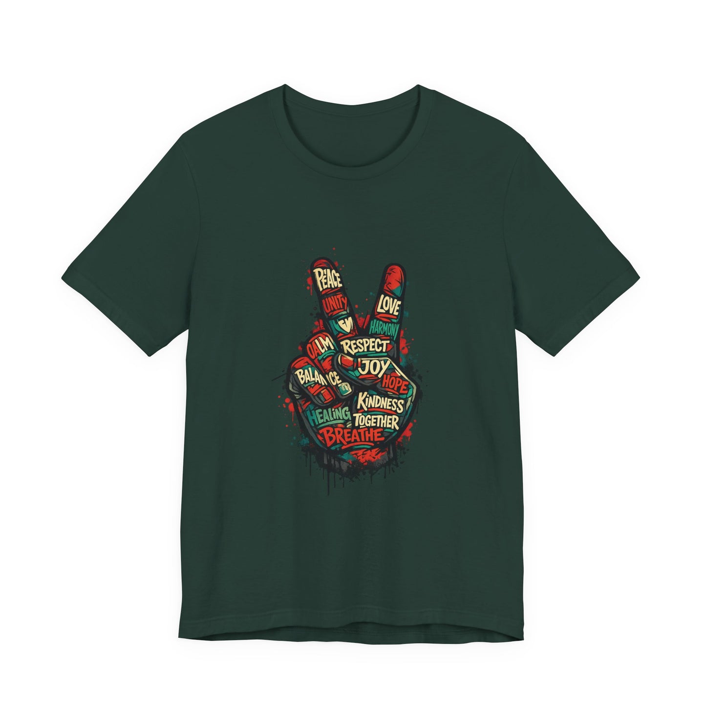 Forest green Adult Peace Sign t-shirt flat lay, front view
