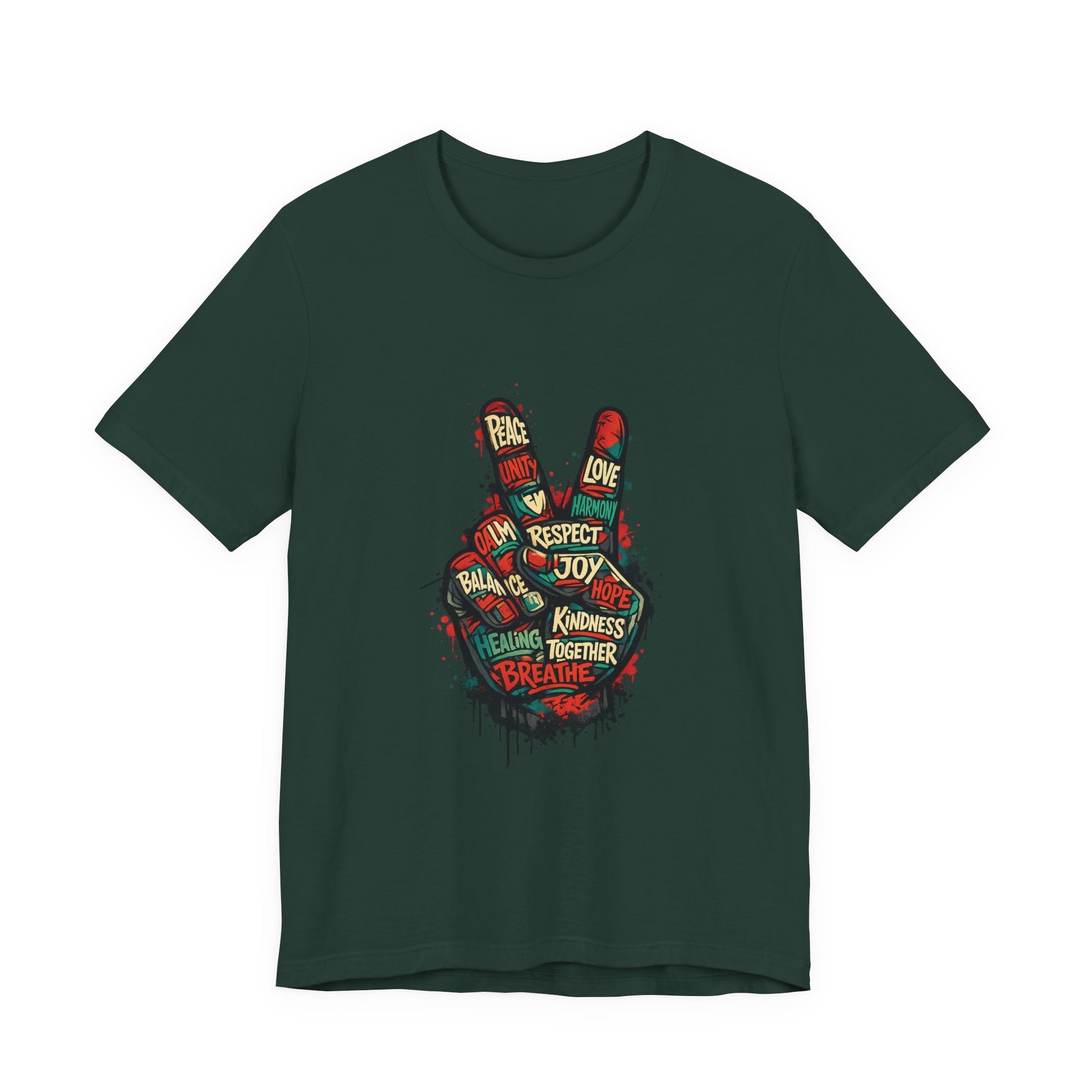 Forest green Adult Peace Sign t-shirt flat lay, front view

