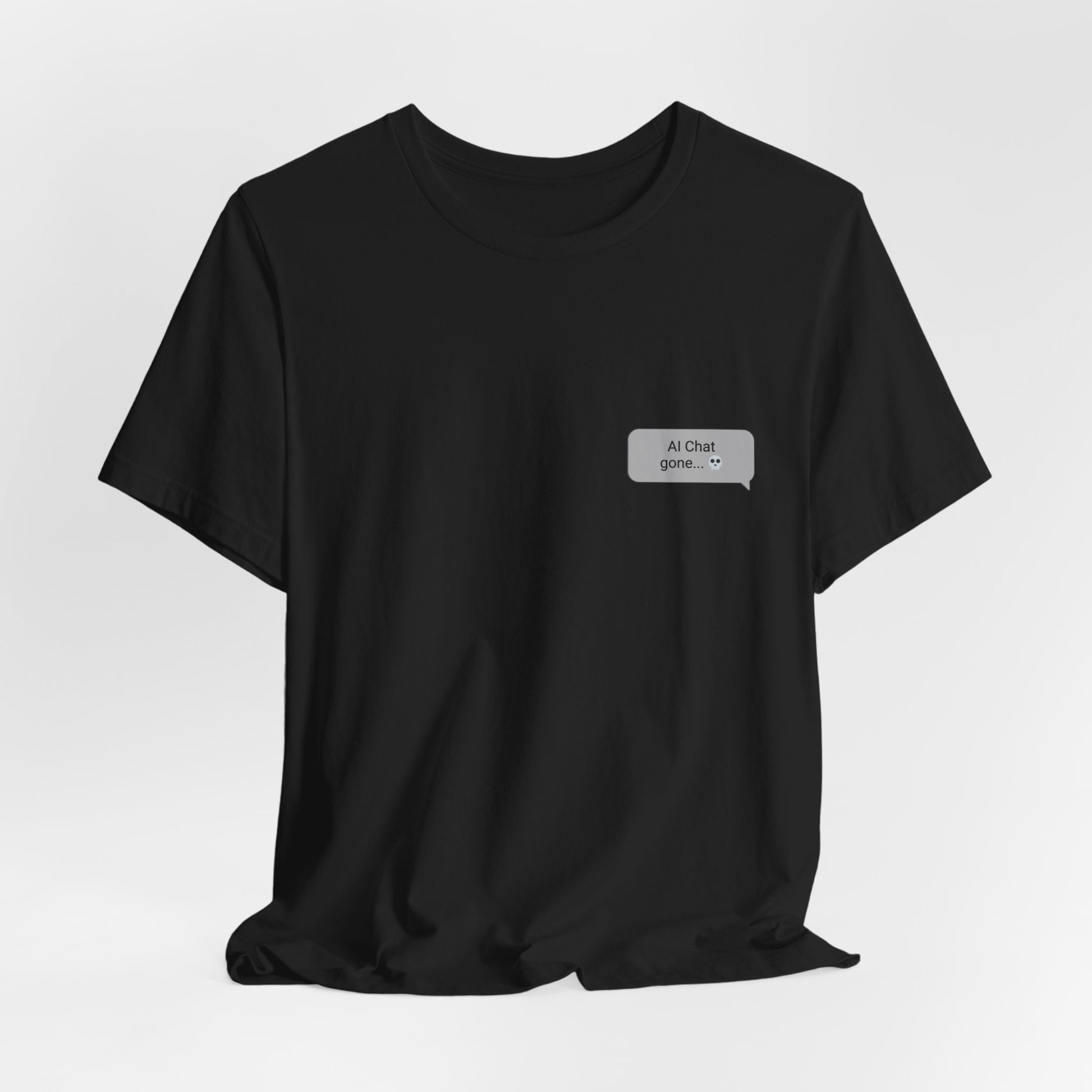 Help Me Be Normal graphic tee flat lay in asphalt gray front view with left chest chat bubble
