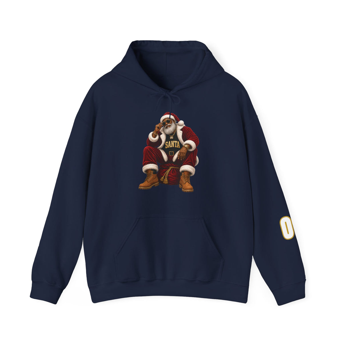 Navy pullover hoodie featuring a seated Santa graphic with OG Santa lettering.