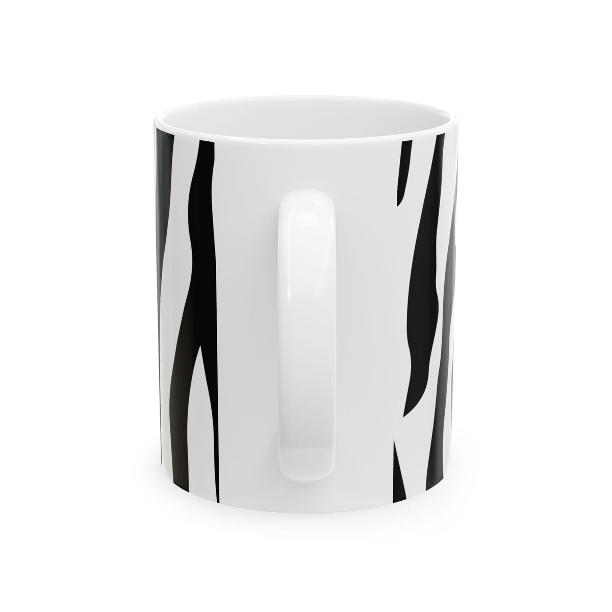 A white ceramic mug with a black zebra-stripe pattern, shown from a side angle against a plain white background.