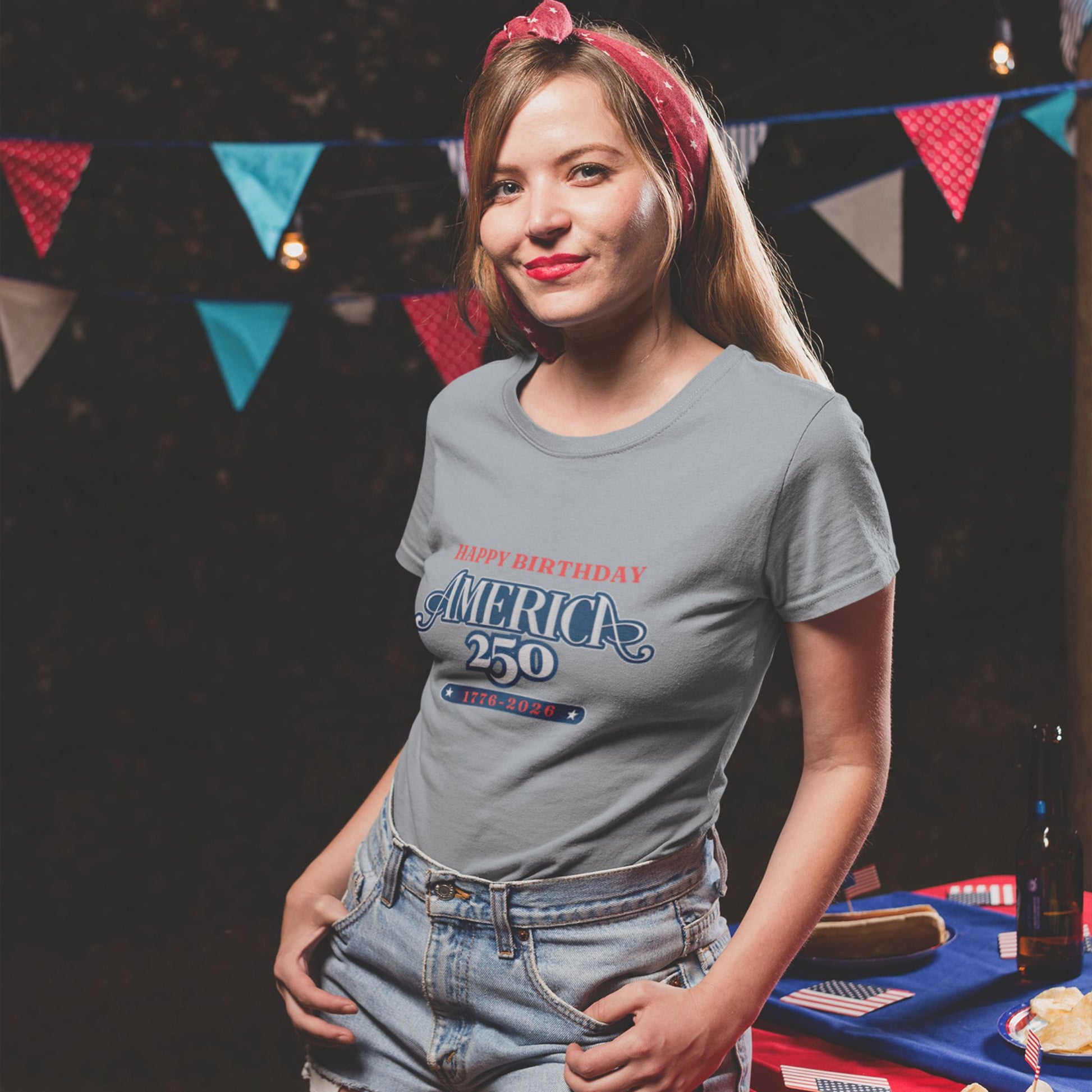 America 250 Happy Birthday T-Shirt in Athletic Heather – woman at patriotic 4th of July party wearing 1776-2026 celebration tee

