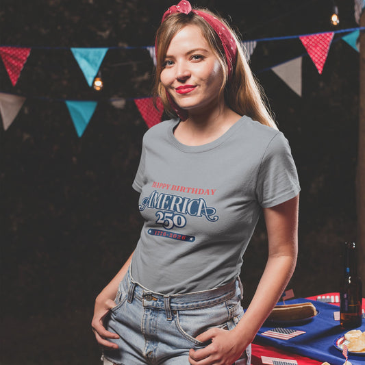 America 250 Happy Birthday T-Shirt in Athletic Heather – woman at patriotic 4th of July party wearing 1776-2026 celebration tee

