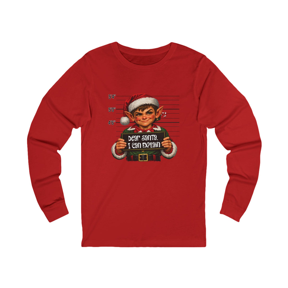 A red long-sleeve t-shirt with a graphic print of a mugshot-style portrait of Santa Claus, featuring the text 'DEAR SANTA, I CAN EXPLAIN' on a white background.