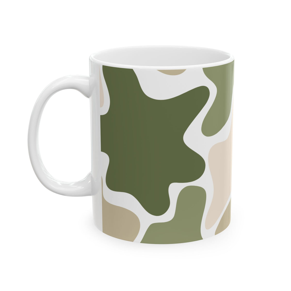 Green and beige camouflage mug with its white handle on the left.