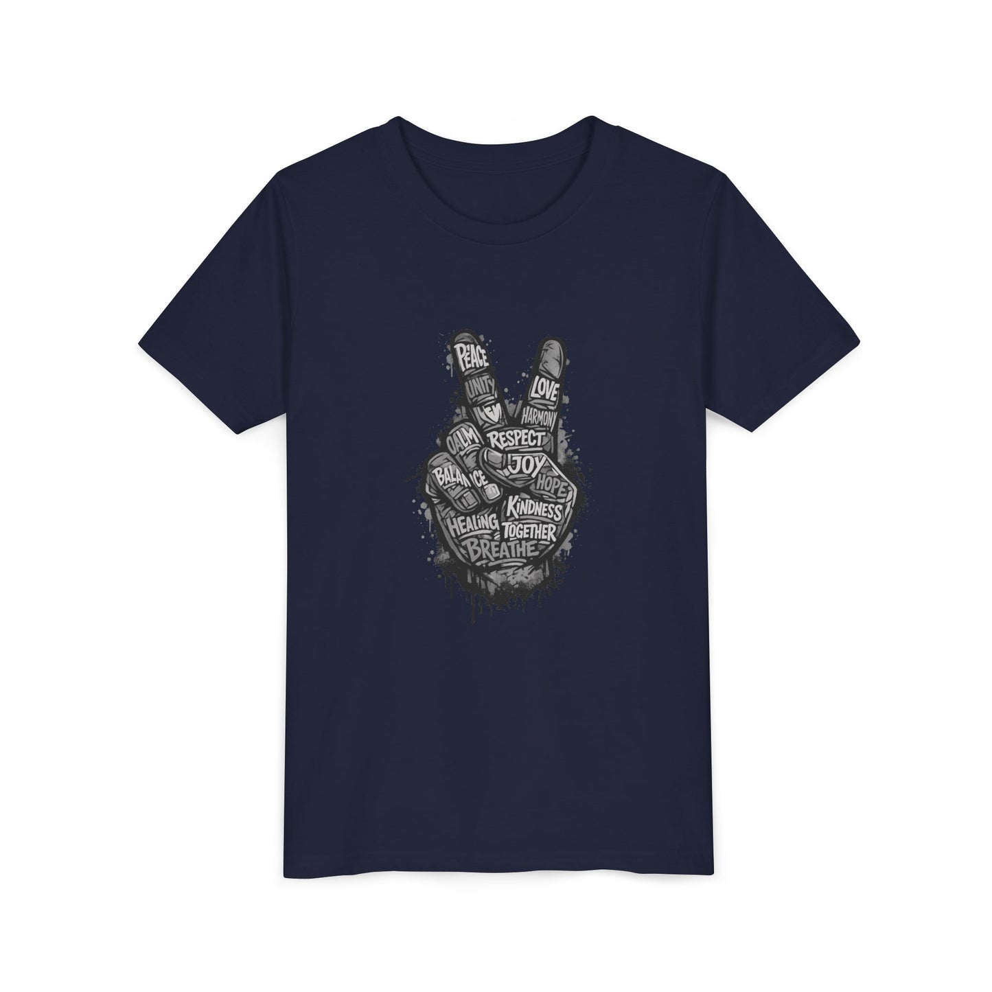 Youth Peace Sign Tee – Handwritten Words of Love & Respect Graphic
