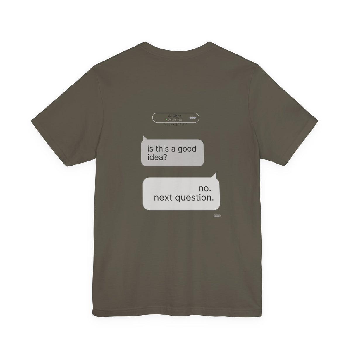 Is This a Good Idea graphic tee flat lay in military green showing back print AI chat conversation
