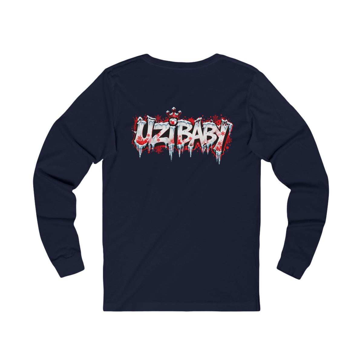 Back view of a navy Uzi Baby Christmas long-sleeve t-shirt with the icy graffiti UZIBABY print