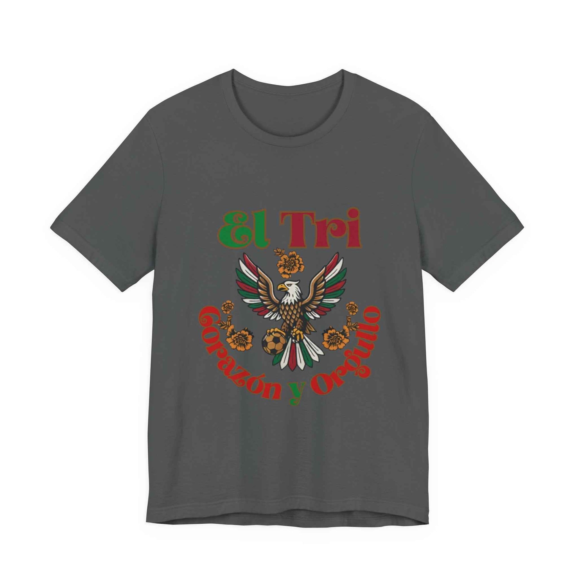 Charcoal El Tri Corazón y Orgullo tee flat lay, front view
