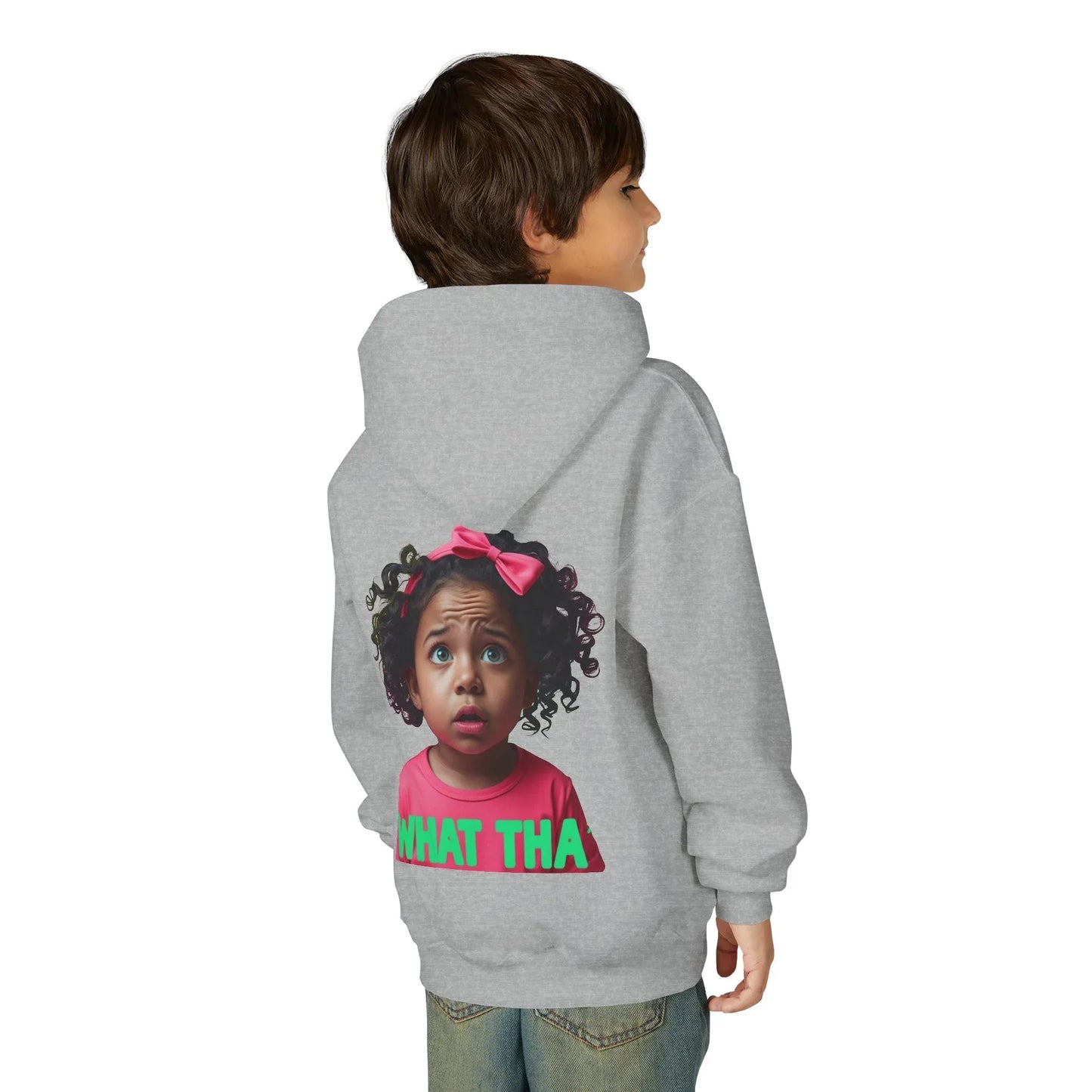 Youth Hoodie — "What Tha" Funny Kid Expression Graphic Pullover Printify