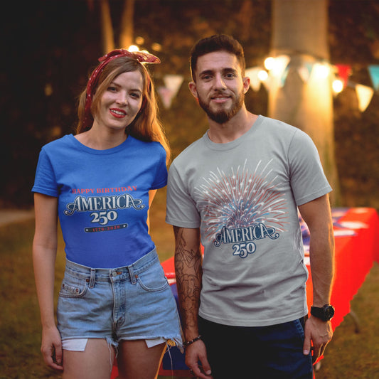 America 250 Happy Birthday T-Shirt – couple wearing patriotic 1776-2026 anniversary tees in Athletic Heather and Heather True Royal

