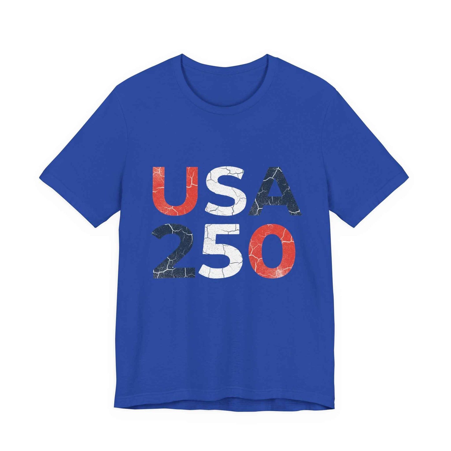 USA 250 Distressed Graphic Tee in True Royal – flat lay mockup showing distressed USA 250 patriotic block letter graphic

