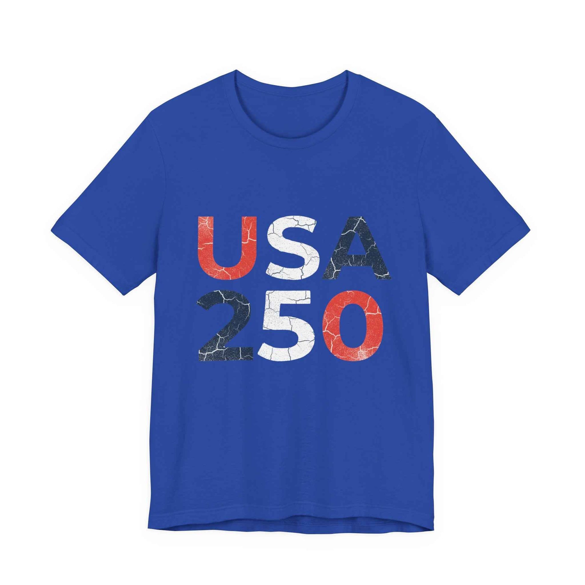 USA 250 Distressed Graphic Tee in True Royal – flat lay mockup showing distressed USA 250 patriotic block letter graphic


