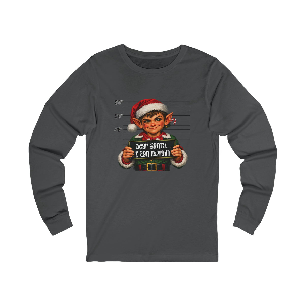 A ASPHALT long-sleeve t-shirt with a graphic print of a mugshot-style portrait of Santa Claus, featuring the text 'DEAR SANTA, I CAN EXPLAIN' on a white background.