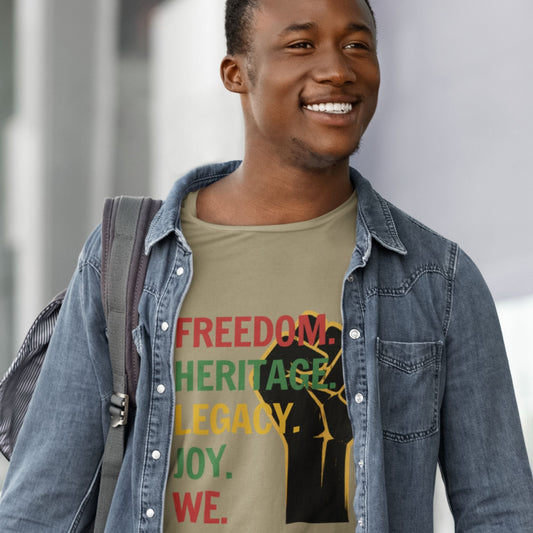 "Freedom Heritage Legacy Joy We Juneteenth Graphic Tee in Army Green – Black man smiling wearing raised fist design with denim jacket"


