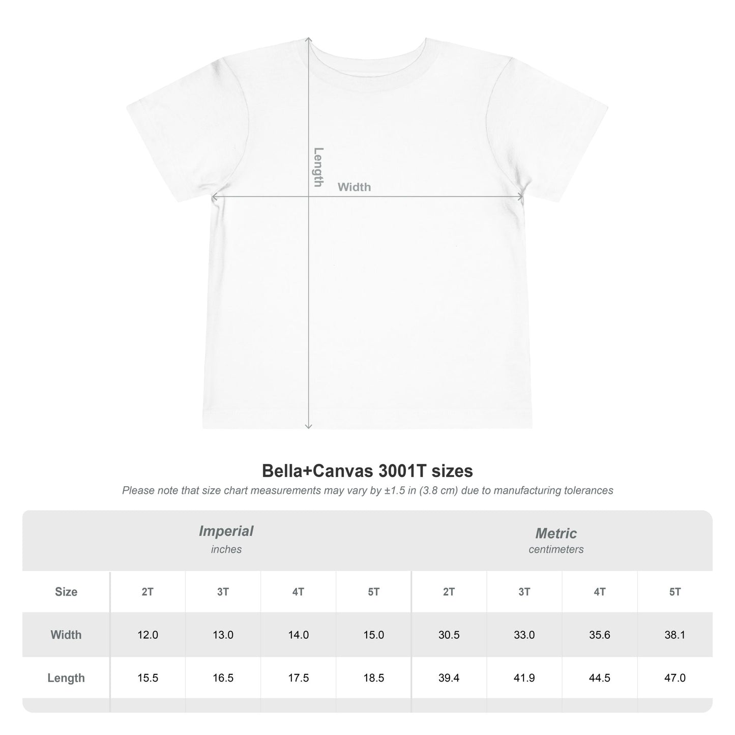 Mommy Makes Me Happy toddler tee size chart showing measurements for 2T through 5T
