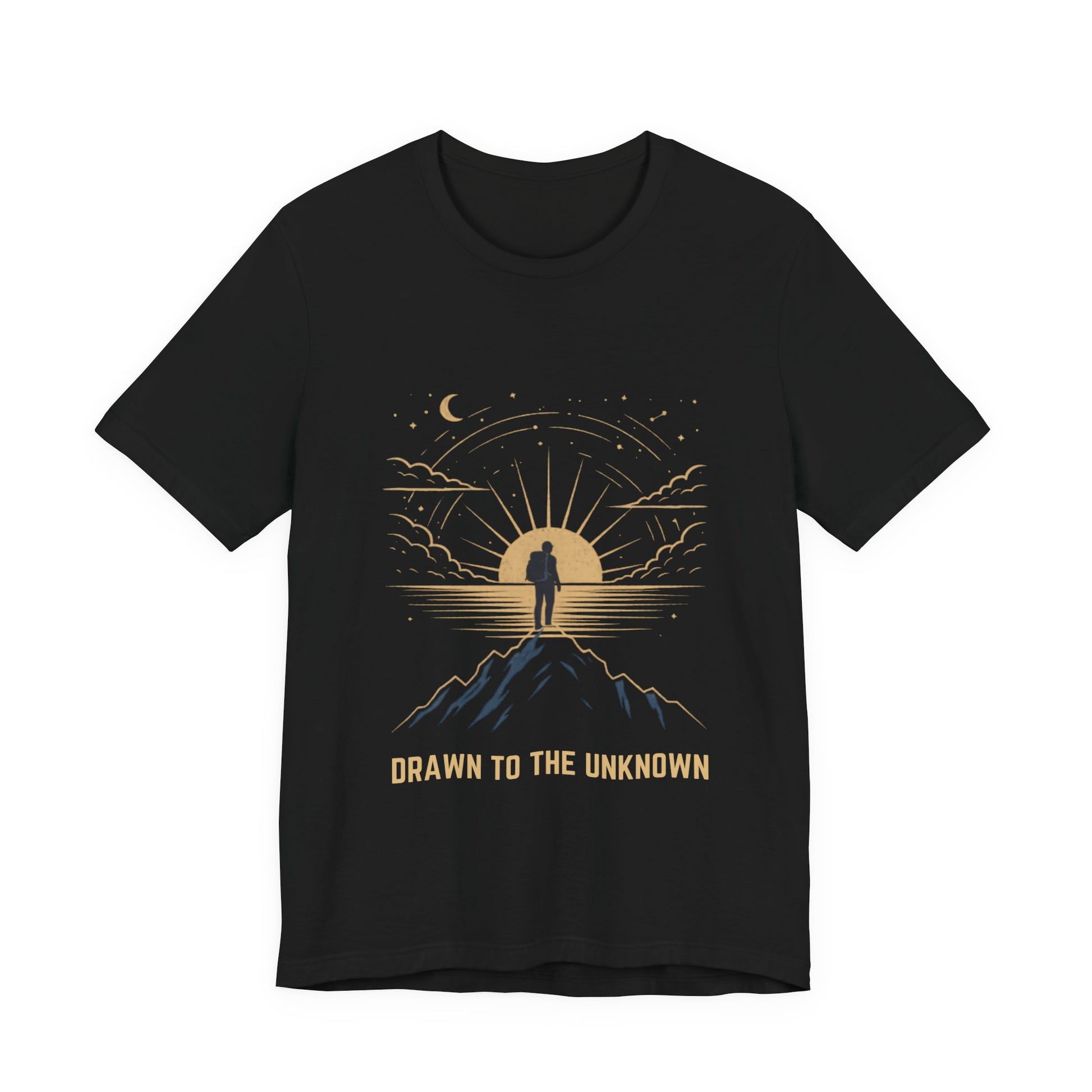 Drawn to the Unknown graphic tee in black — celestial mountain sunburst design front view — Leela's Ink

