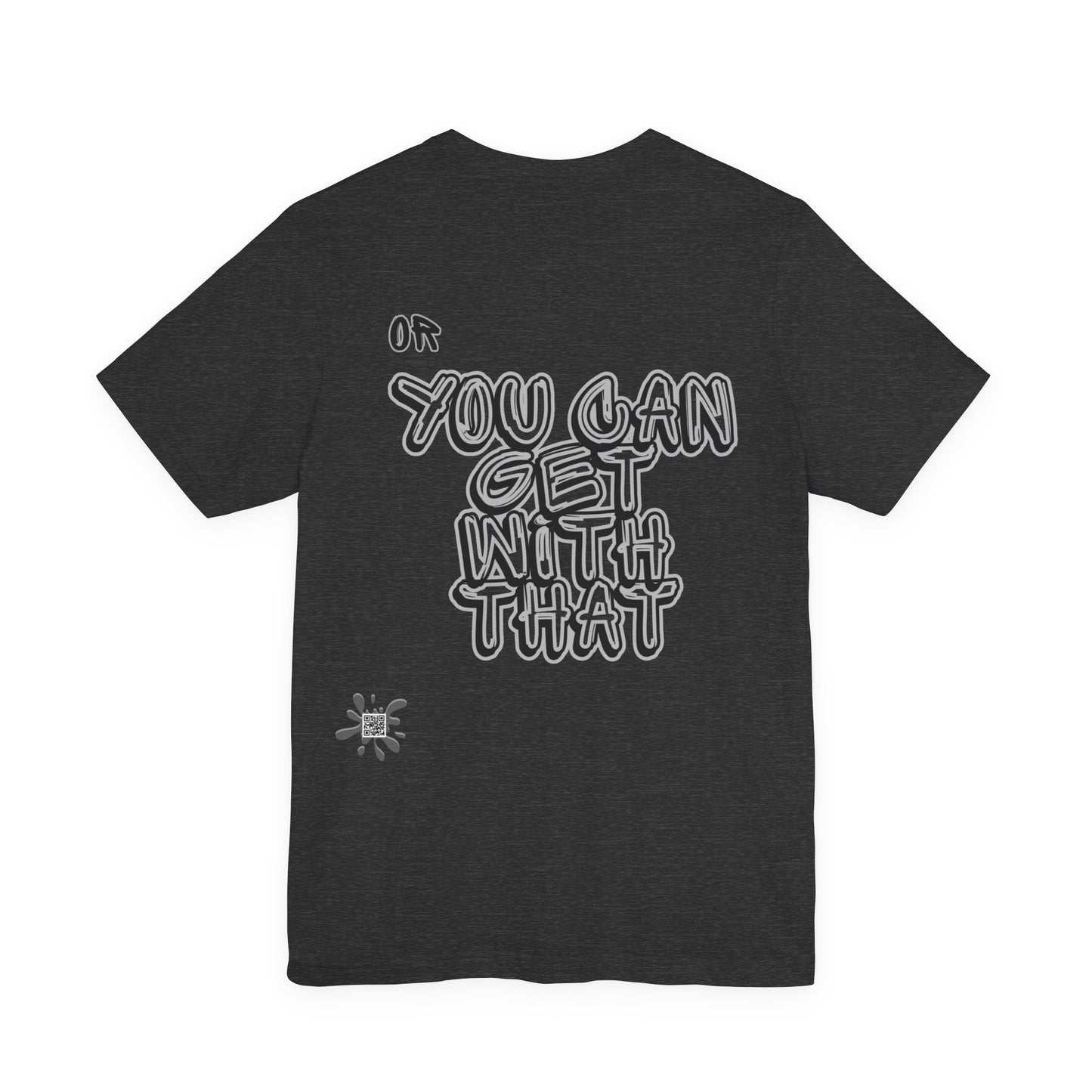 Black t-shirt with white text on a white background