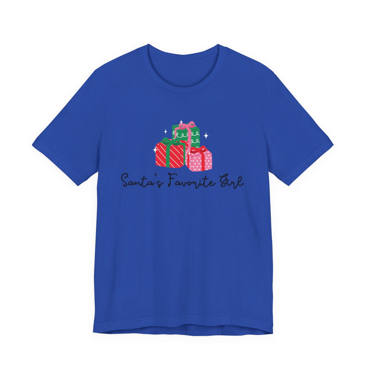 A royal blue short-sleeve t-shirt with a graphic of three wrapped Christmas presents and the text 'Santa's Favorite Girl' printed on the chest, displayed against a solid white background.