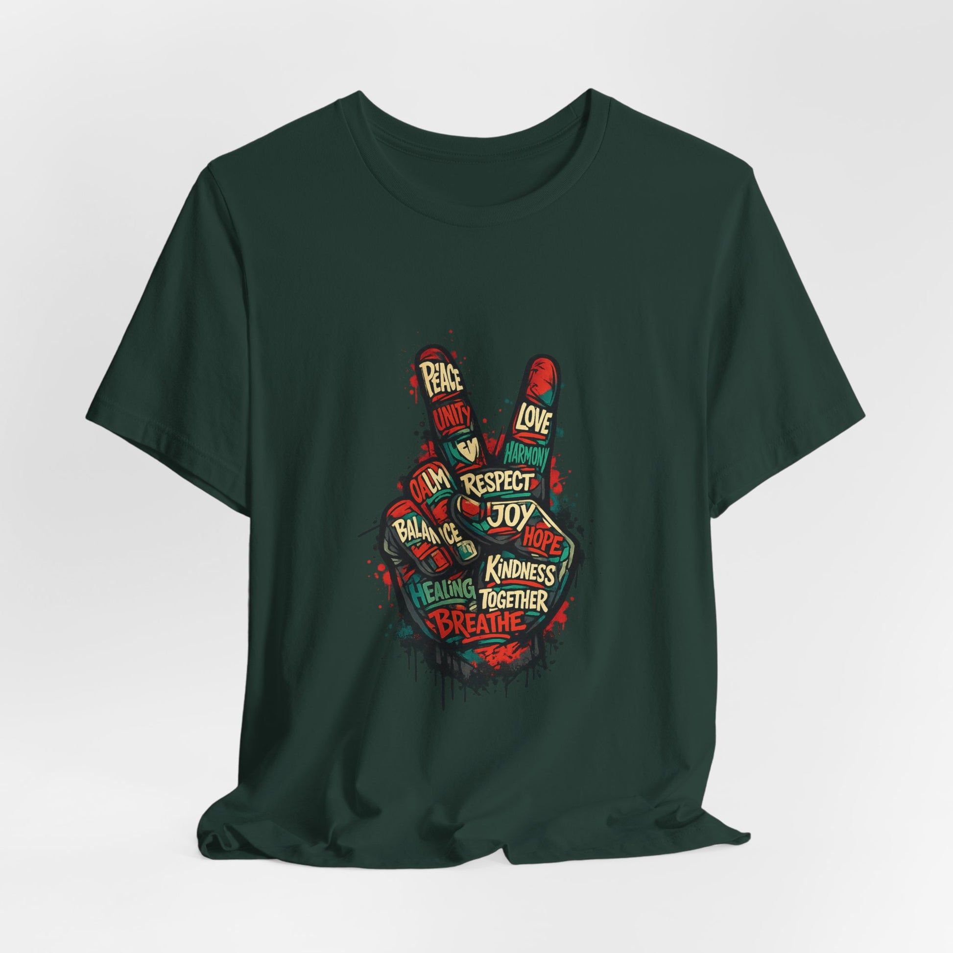 Dark forest green Adult Peace Sign t-shirt flat lay, front view

