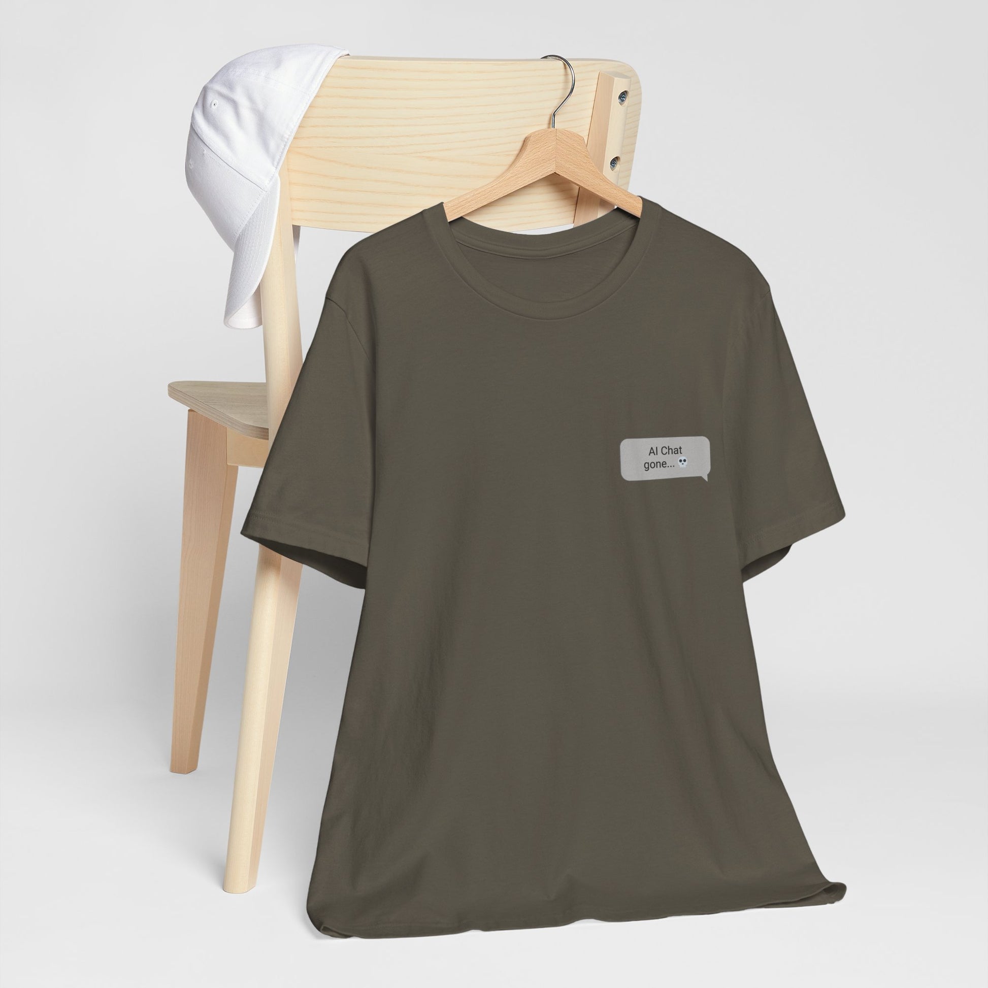 Is This a Good Idea graphic tee in military green on hanger with left chest chat bubble print
