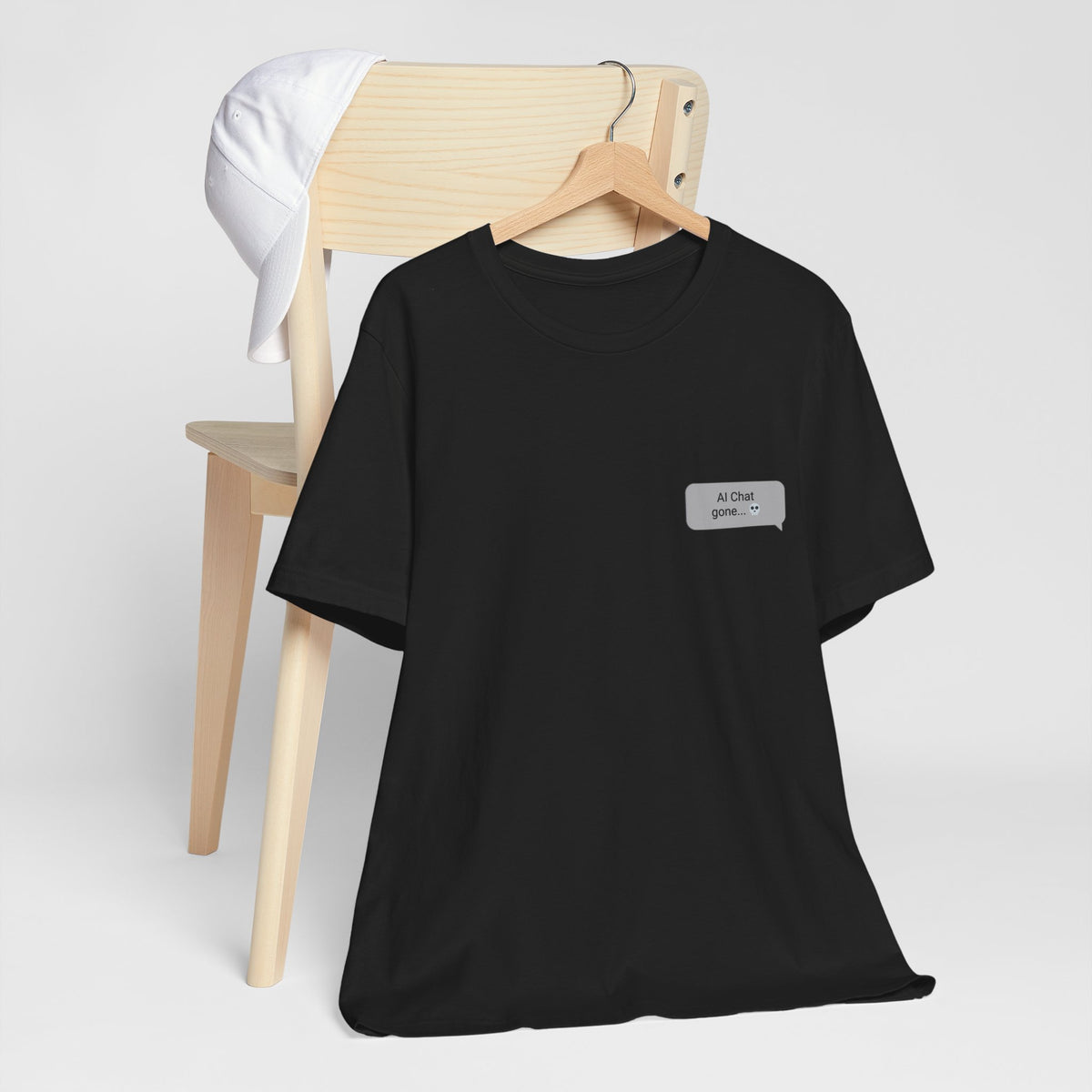 Am I Overthinking graphic tee in black on hanger with left chest chat bubble print
