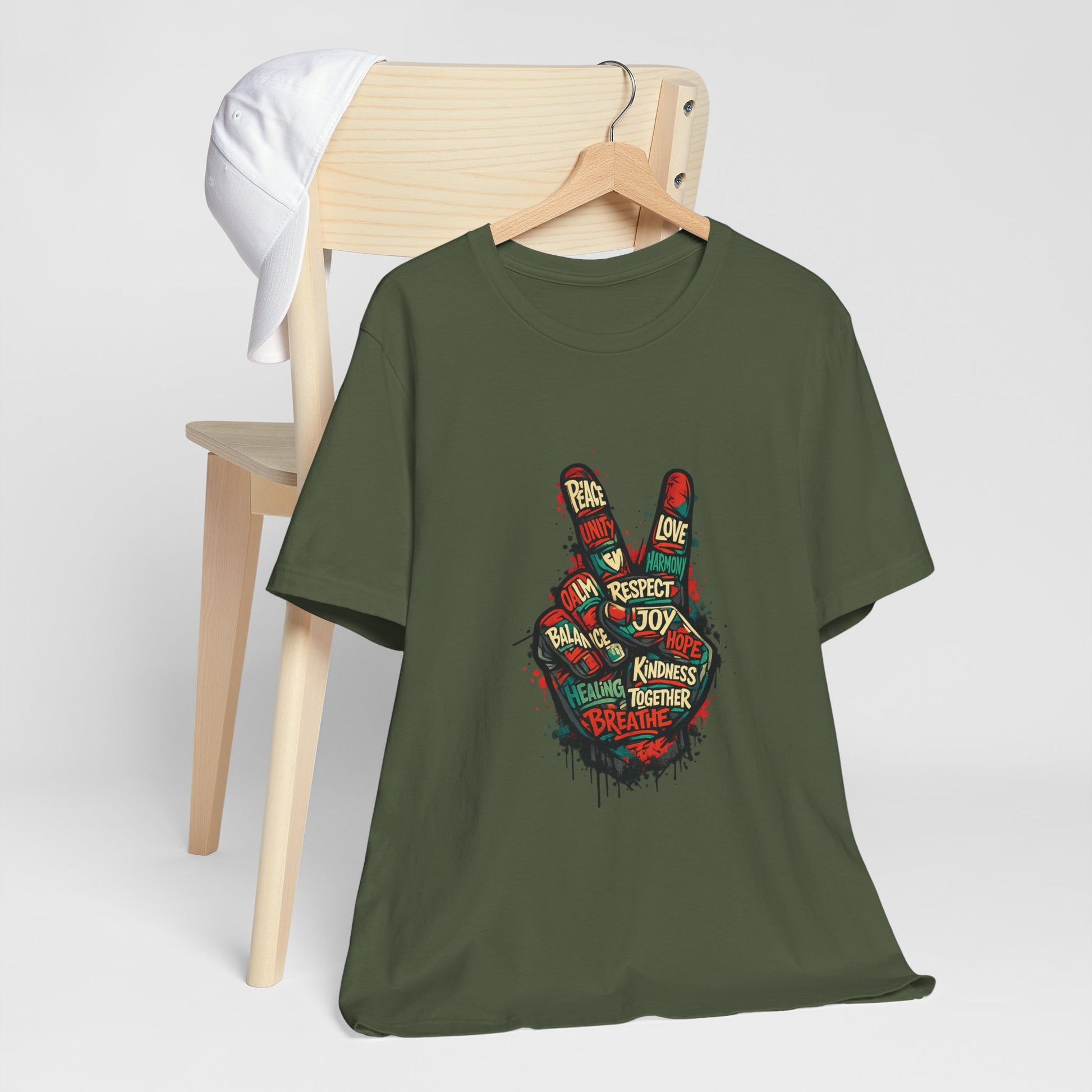 Military green Adult Peace Sign t-shirt on hanger, front view
