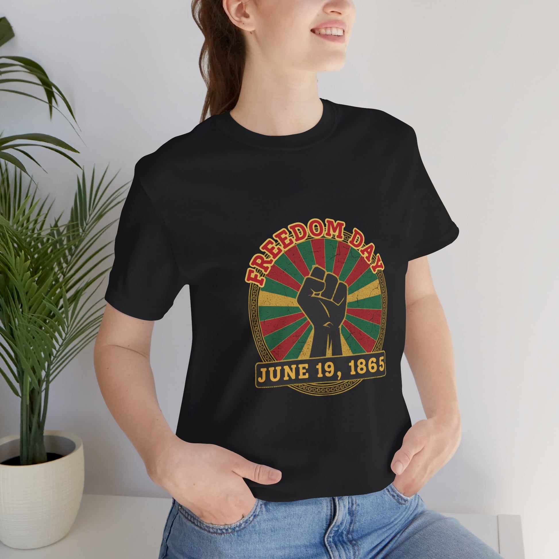 Freedom Day Juneteenth Graphic Tee in Black – relaxed fit lifestyle shot of June 19 1865 Pan-African shirt

