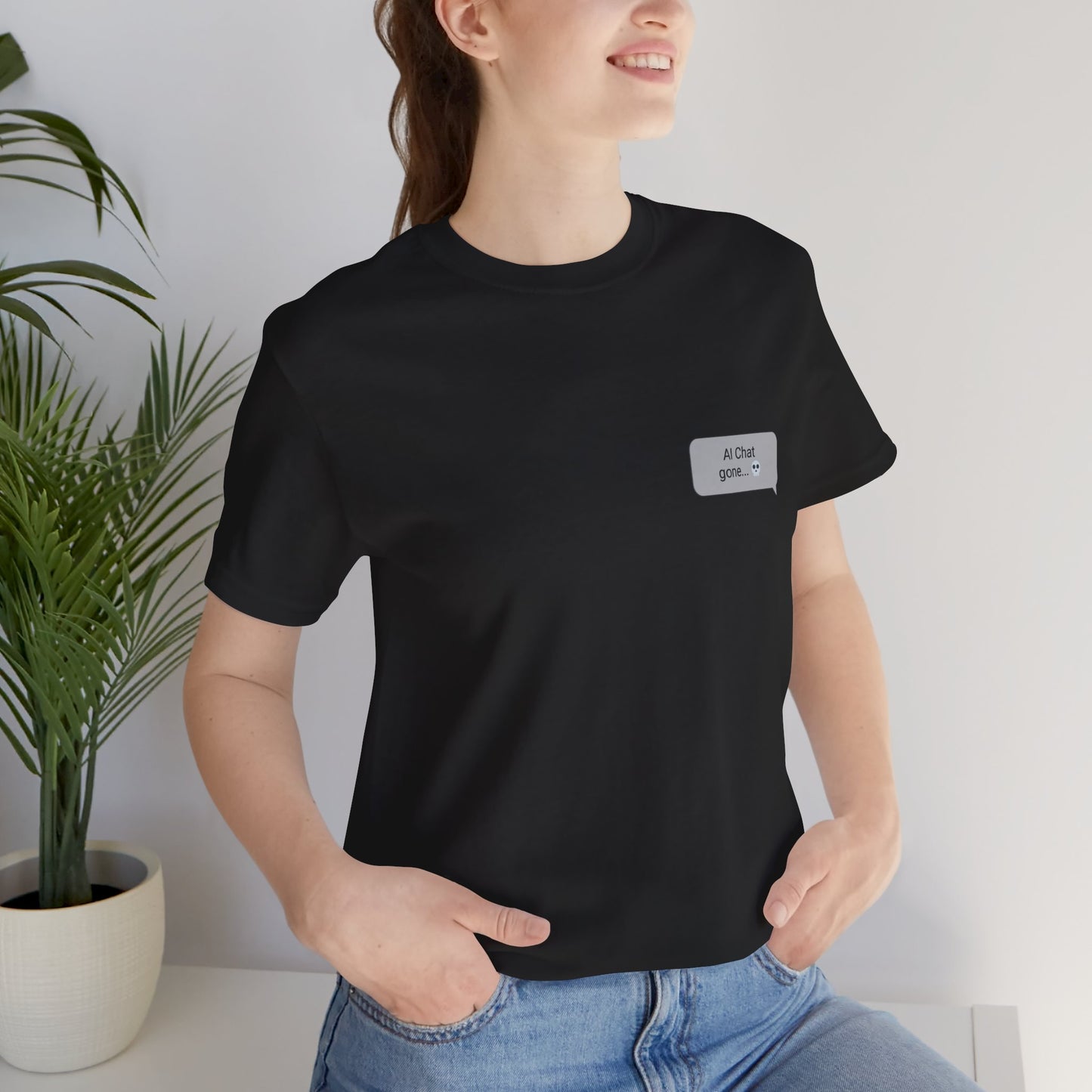 Woman in black Is This a Good Idea AI chat streetwear graphic tee with left chest bubble print



