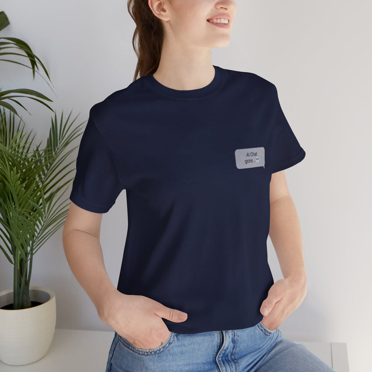 Woman in navy Am I Overthinking AI chat streetwear graphic tee with left chest bubble print
