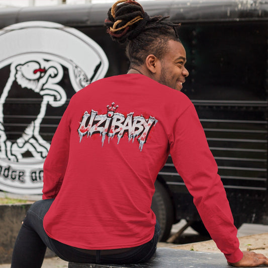 Back view of a person outdoors wearing an Uzi Baby Christmas long-sleeve t-shirt with an icy graffiti UZIBABY print