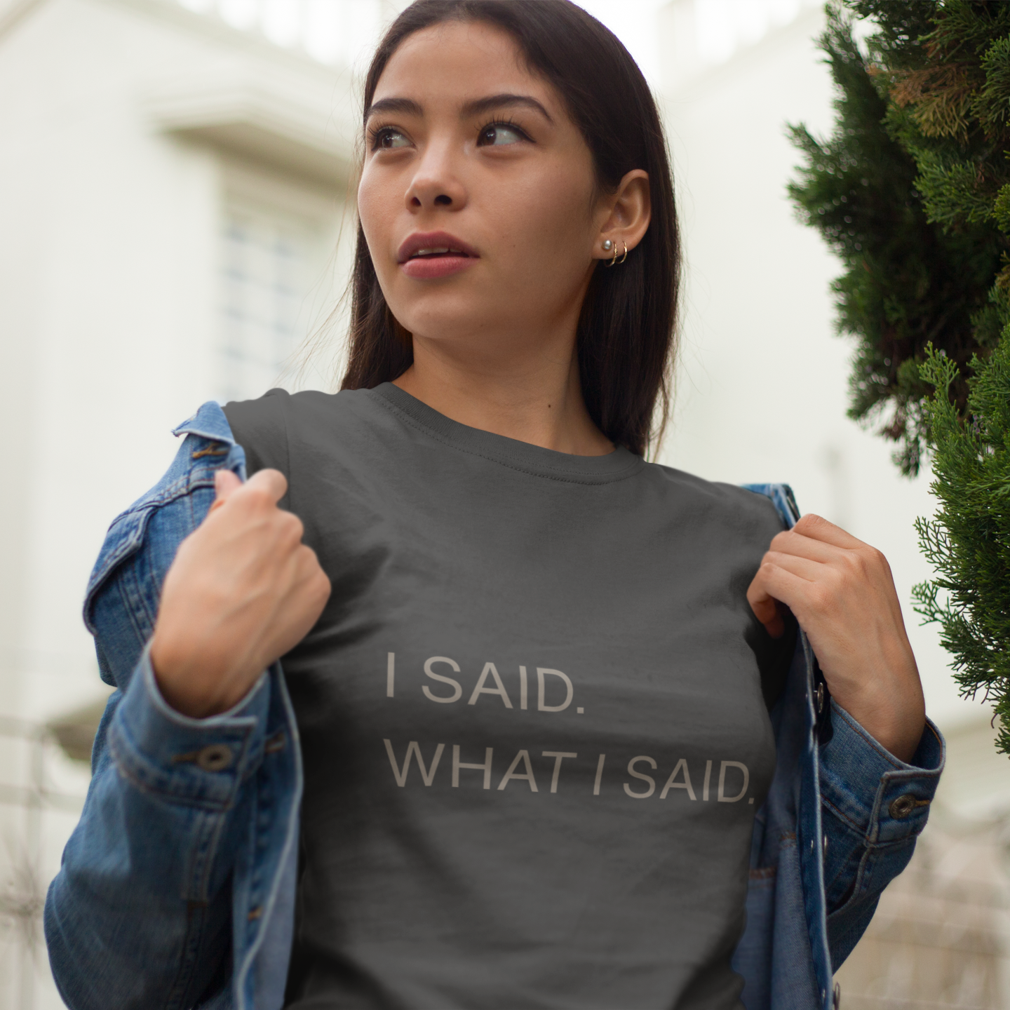 "I Said What I Said" graphic tee – model wearing unbothered attitude statement tee on the street | Leela's Ink

