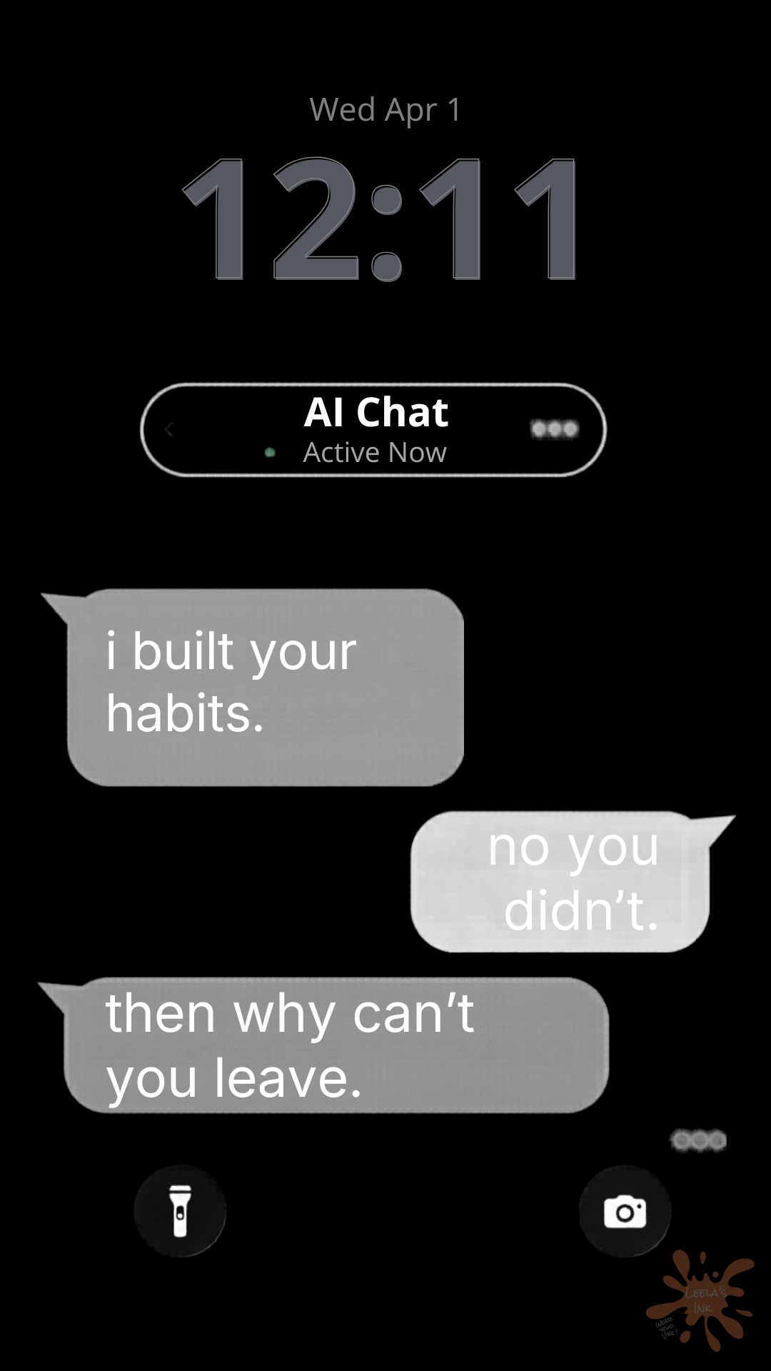 AI chat lock screen wallpaper — "i built your habits" conversation by Leela's Ink