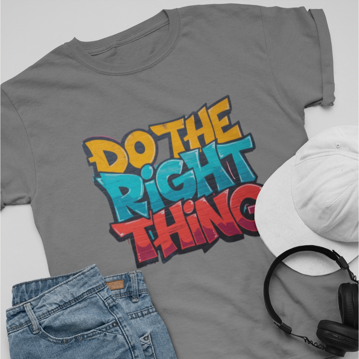 Do The Right Thing graphic tee styled flat lay — graffiti print streetwear tee in gray with denim shorts, headphones, and cap