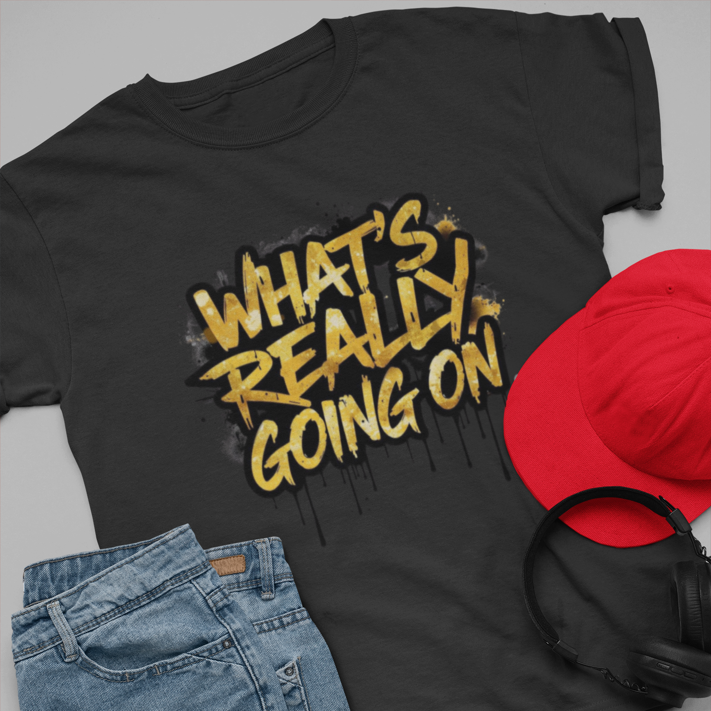 What's Really Going On graphic tee flat lay — bold graffiti streetwear tee in black styled with denim jeans and red cap