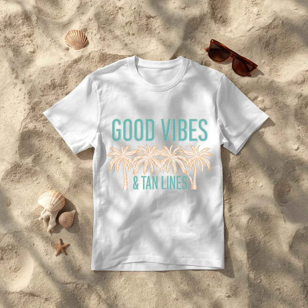 Good Vibes & Palm Lines white graphic tee flat lay — Leela's Ink


