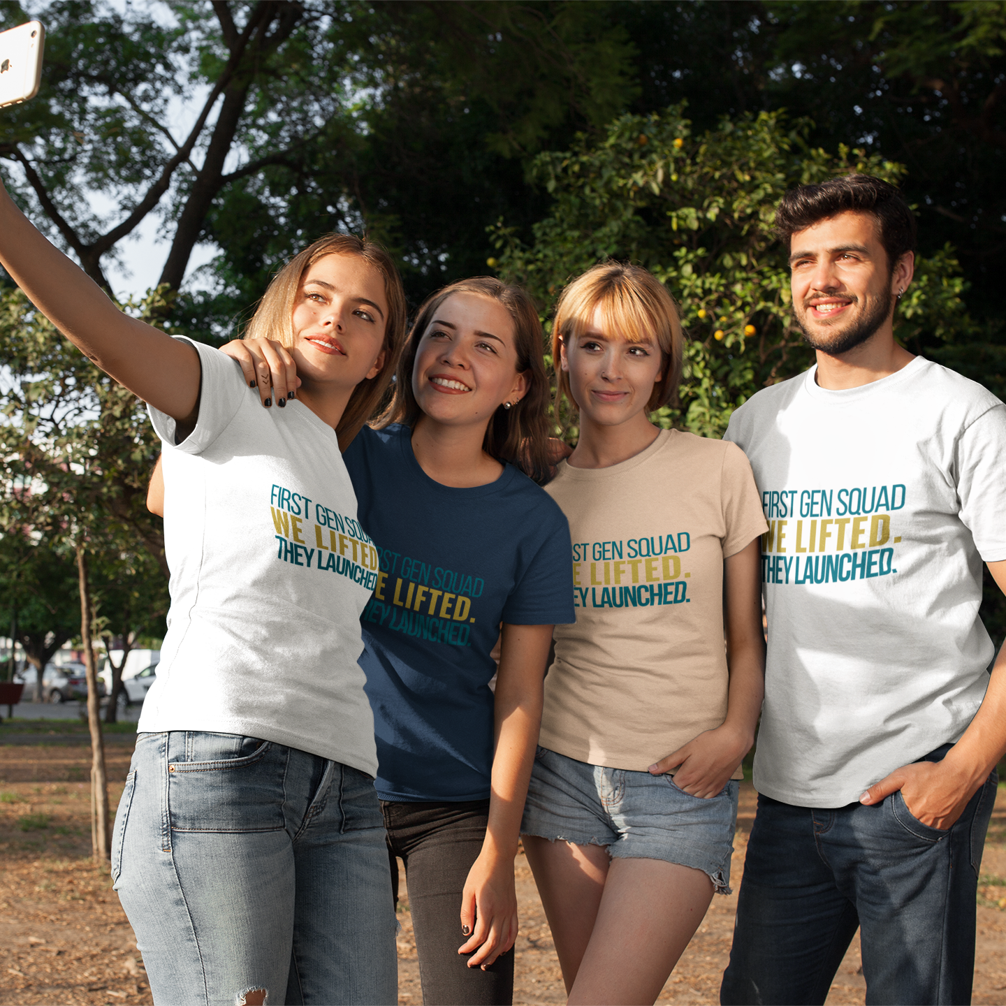 Group of four wearing First Gen Squad We Lifted They Launched graduation tee streetwear style