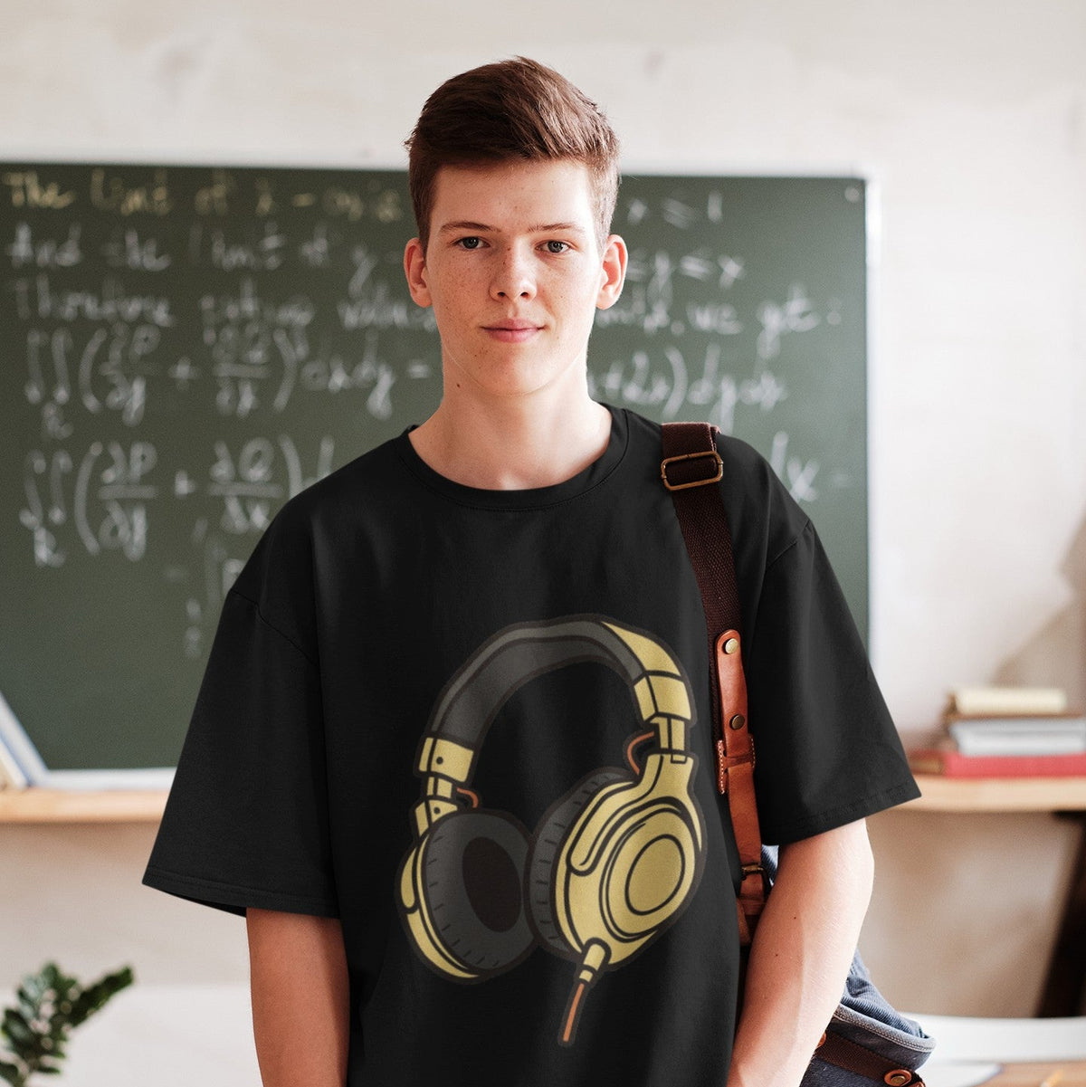 Teen boy wearing Adult Unisex Headphones Graphic T-Shirt in White, classroom lifestyle shot