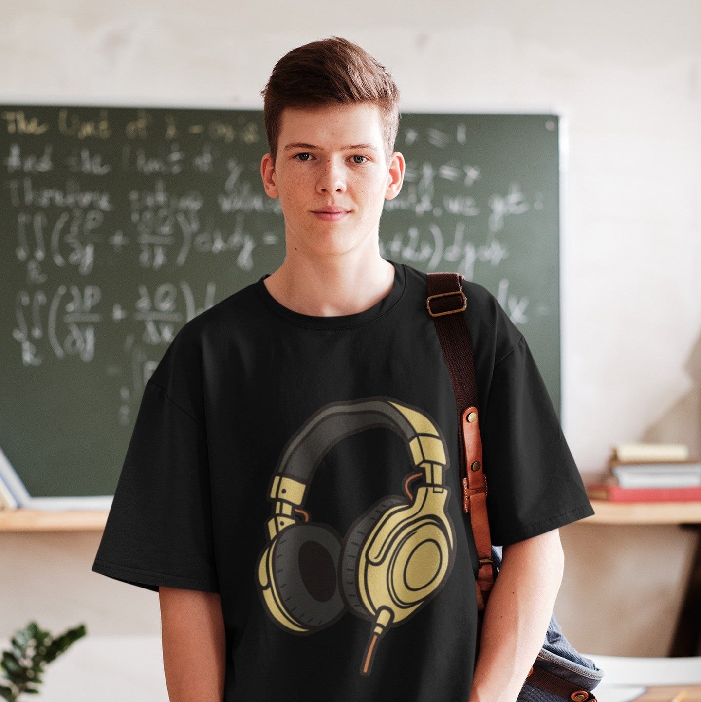 Teen boy wearing Adult Unisex Headphones Graphic T-Shirt in White, classroom lifestyle shot