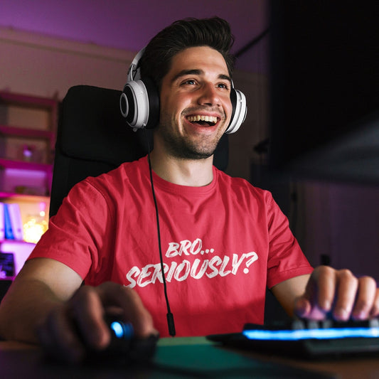 Bro... Seriously? Funny Graphic T-Shirt in Red — Men's Gaming Streetwear Tee | Leela's Ink
