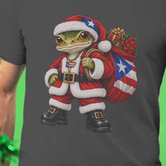 Person modeling a white Puerto Rican coquí Santa Christmas t-shirt featuring a festive coquí dressed as Santa.