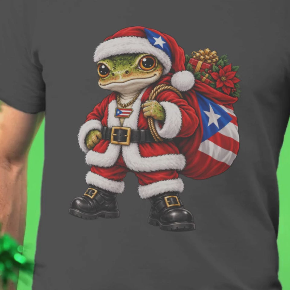 Person modeling a white Puerto Rican coquí Santa Christmas t-shirt featuring a festive coquí dressed as Santa.